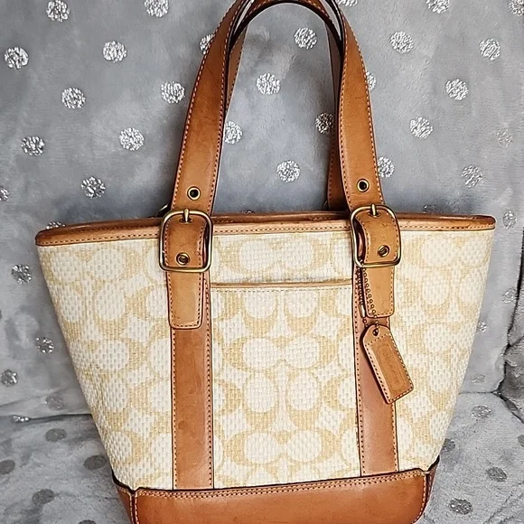 Coach 2001 RARE vintage mini Signature Light Brown Camel Beige Gold Raffia Tote - Picture 1 of 5
